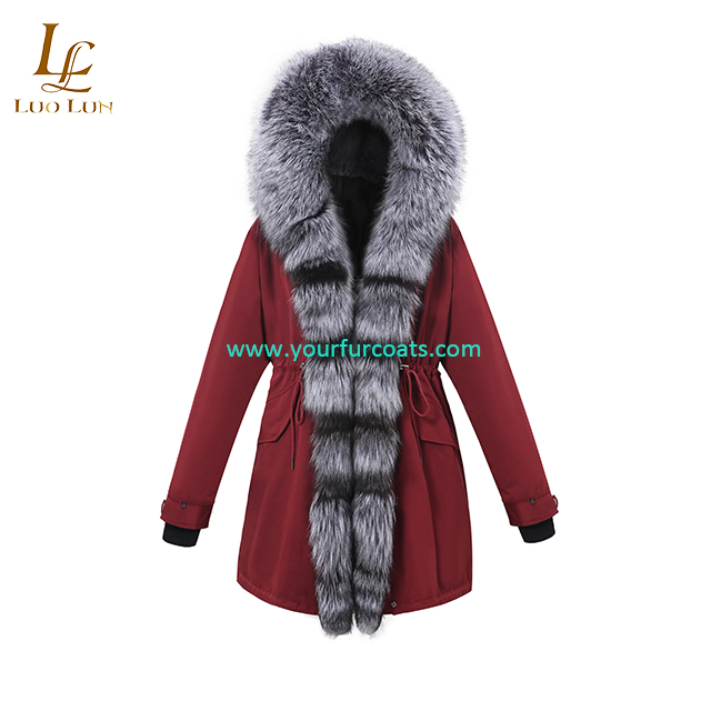 Fur Parka Long Women  Coat with Thick Real Fox Fur Hooded Detached Lining Rex Rabbit Fur