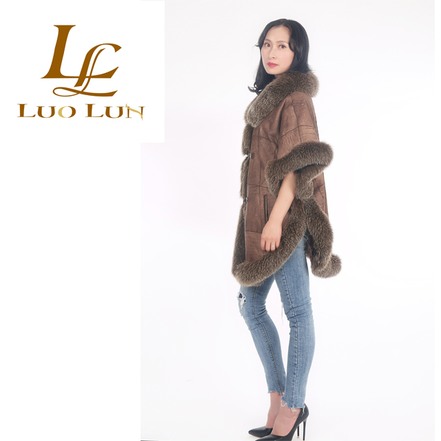 Fashion Design Fox Fur Collar Sheep Fur And Skin Jacket Short Sleeves Fur Coat Trend Winter Fur Dress
