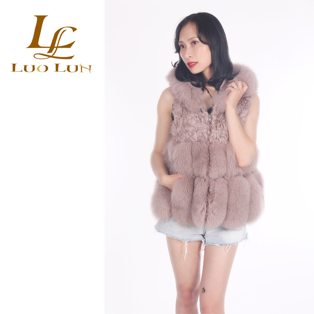 Fashion Ladies Wholesale Genuine Natural Fox Fur Gilet decorated with real lamp fur in bust and real fox hood