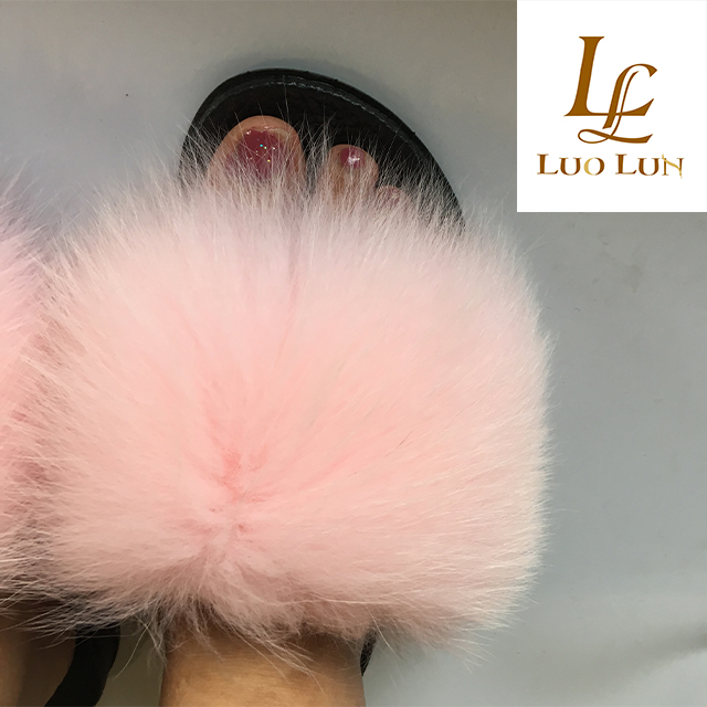 Real Fox Fur Slides Plus Size Open Toe Fluffy Real Hair Slippers