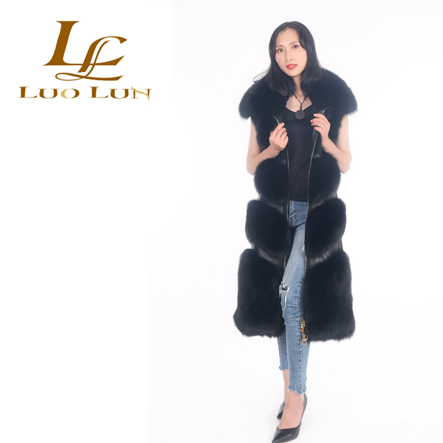 2018 new latest design winter long real leather waistcoat with the natural fox fur elegant vest