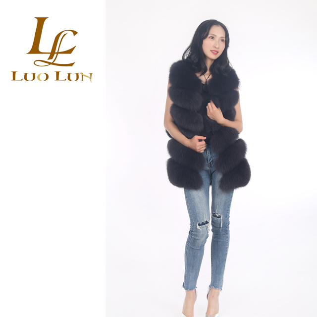 Factory wholesale fluffy and soft 100% real fox fur long gilet for women