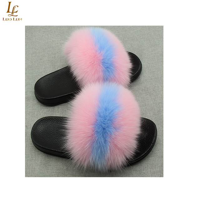 Real Fox Fur Slides Plus Size Open Toe Fluffy Real Hair Slippers Summer 2018 Slip On Flip Flops Gold bottom Furry Shoes