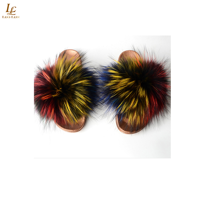 Real Fox Fur Slides Plus Size Summer 2018 Open Toe Fluffy Real Hair Slippers Casual Black Slip On Flip Flops Furry Shoes