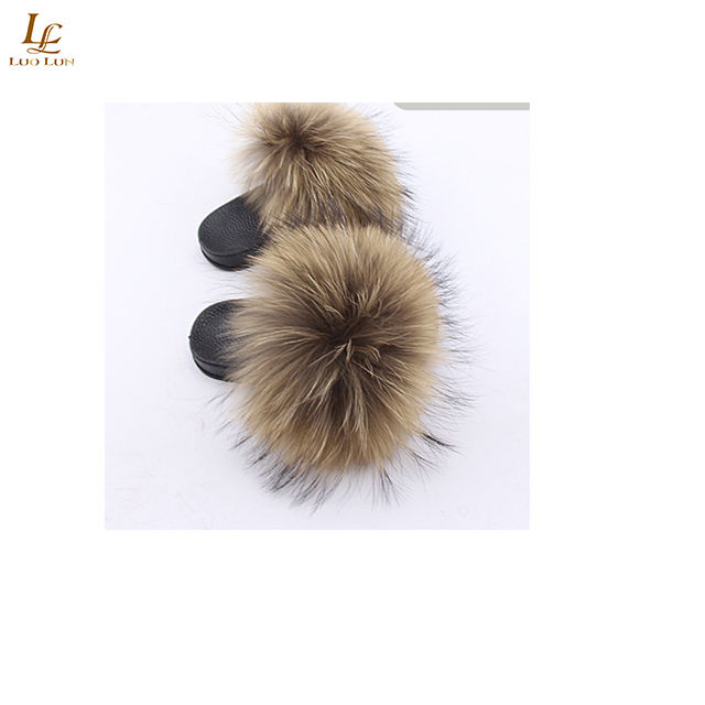 Fox Fur Slides Big Size 2018 Open Toe Fluffy Real Hair Low Platform Slippers Slip On Flip Flops Furry Women F Shoes