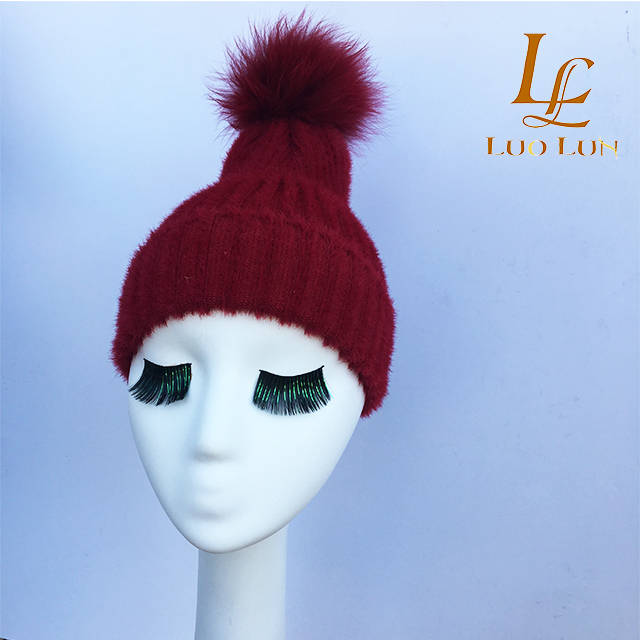 Wholesale Real fox Fur ball Knitted Hat Winter Hat For Women Girl 's beanie hat