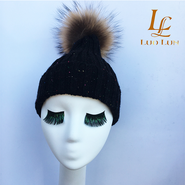 Colorful Small Dot Wool Knitted hat with big raccoon fur ball on the top