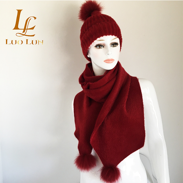 real fox fur pompom hat and scarf new design for lady winter