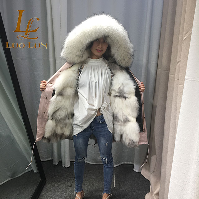 Raccoon Fur Collar Hooded And Fox Fur Lining Parka For Ladies