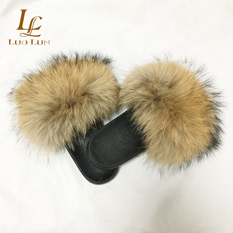 Women's Fur Slipper Real Raccoon Fur Fashion Style Furry Slides Soft Warm Big Fluffy Fur Shoes